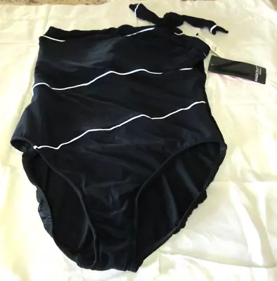 MAGICSUIT- MIRACLESUIT Talbots Sz 16 Black White Lines 1 Shoulder Tie Swim Suit • $50
