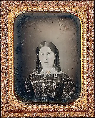 Pretty Light Eyed Lady Curled Hair Plaid Dress Gold 1/9 Plate Daguerreotype S283 • $112.50