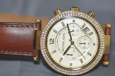 Michael Kors Ladies Parker Chrono Gold Dial Crystal Accent Leather Watch MK2249 • $43.45