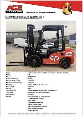 New EP CPCD25T8 Container Spec Forklift Buy-£17995 HP-£89.86 Hire-£89.99 AH1897 • £17995