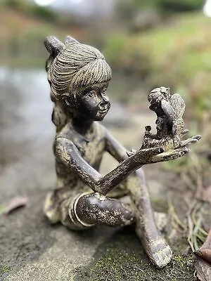 Fairy Garden Ornament Distressed Sitting Girl Statue Outdoor Lawn Decor Figure • £10.99