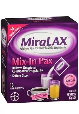 Two Boxes Of MiraLAX Single Dose Mix-In Pax  - 10 Count • $32.25