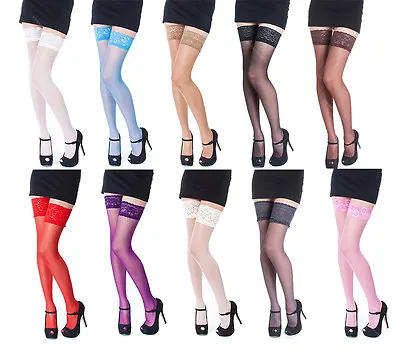 £5.99 • Buy NEW Lace Top 20 Denier Sheer Hold Ups Stockings 17 Various Colours- Sizes S-XL