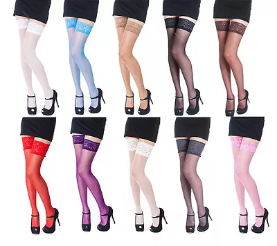 £5.99 • Buy NEW Lace Top 20 Denier Sheer Hold Ups Stockings 17 Various Colours- Sizes S-XL