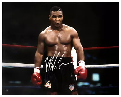 Mike Tyson Signed Boxing Black Trunks Action 16x20 Photo - (SCHWARTZ COA) • $184.26
