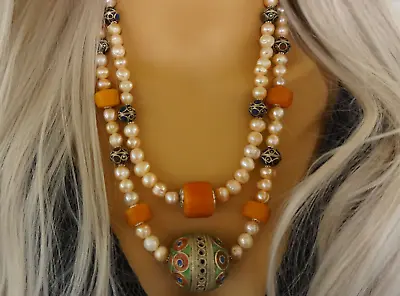 Moroccan Necklace Freshwater Pearl Handmade Resin Amber Enamel Berber Necklace • $142.46