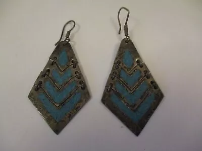 Vintage Sterling Silver Turquoise Chip Inlay Earrings Mexico Large Hinged Dangle • $34.99