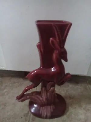 Royal Haeger R706 Prancing Gazelle Antelope Tall Vase 15  Burgundy Glaze USA • $70