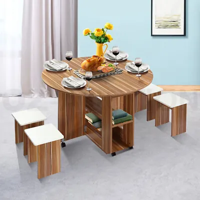 Dining Table And 4 Chairs Set Wooden Folding Round Kitchen Table With Wheels Oak • $179.95