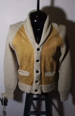 Men's Vtg BARL'S Tan 100% Australian Lambswool & Leather Cardigan Sweater Size M • $28