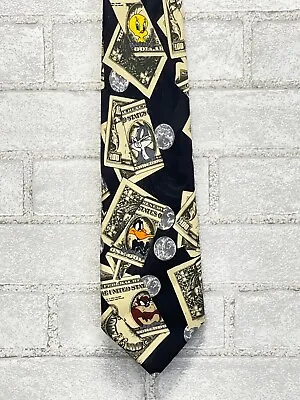 Vtg '99 Looney Tunes Money Taz Marvin Tweety Necktie Tie Cash Dollar 90s • $12.34