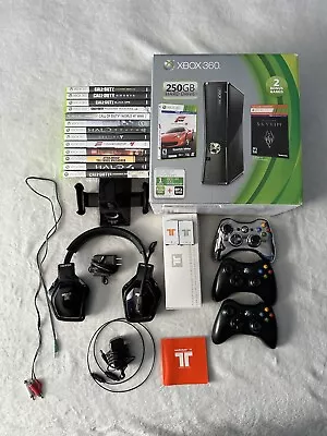 Microsoft Xbox 360 Slim 250 GB Bundle Lot Console Games Controllers Headset • $135