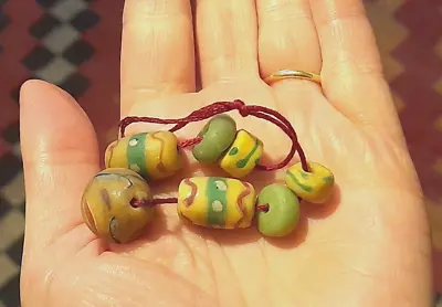 Antique African Venetian Fancy Trade Glass Bicone Wound Skunk Beads Yellow X7 • £15