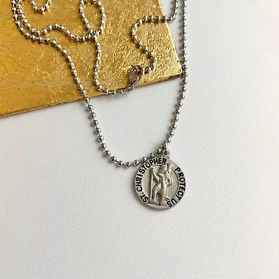 Stainless Steel St Christopher Round Medal Pendant Ball Chain Necklace 22  Mens • $39.99