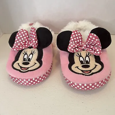 Disney Minnie Mouse Kids Toddler Childrens Fuzzy Slippers Pink Polka Dot 11/12 • $12.90