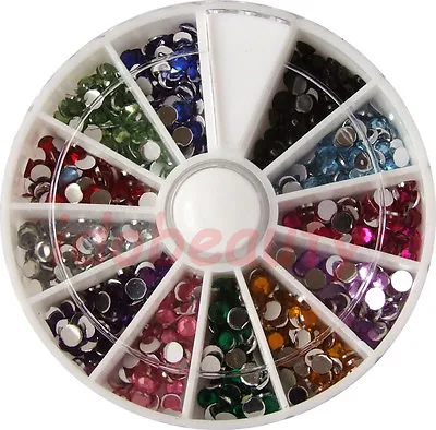 6cm NAIL ART GEMS JEWELS DESIGN CRAFT NAILS WHEEL 3mm ROUND MIXED COLOUR GEMS • £3.49