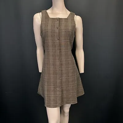 Elig Dress XL Womens Brown Mix Tartan Plaid Pinafore Sleeveless Front Buttons • £18.85