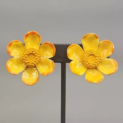 Daisy Clip-On Earrings Vtg Flowers Yellow Orange Enamel Round Nature  1.5  • $15