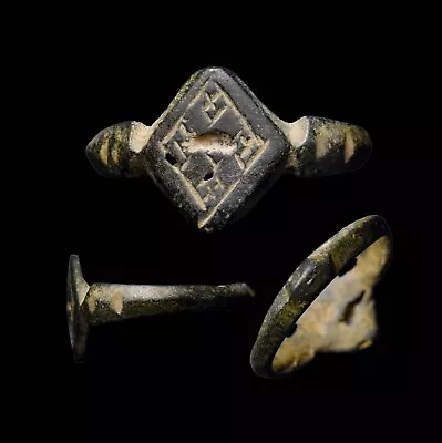 ANCIENT Egypt Bronze Esoteric Ring With Geometrical Designs Masonic Compass • $128.65