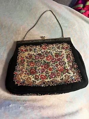 Vintage Micro Petit Point Floral Tapestry Evening Purse Black Gold Floral • $35