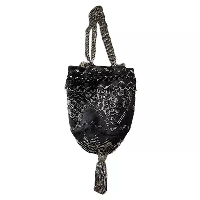 Vintage 20s Black Evening Bag Steel Bead + Crochet Drawstring Purse Tasseled • $120