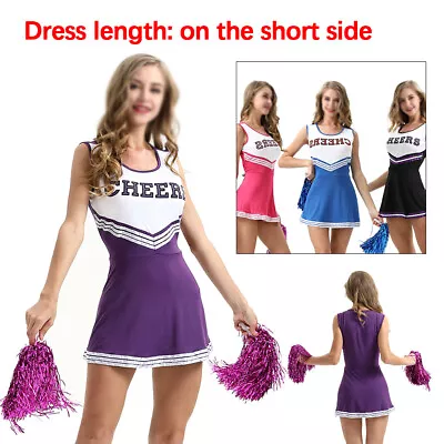 Cheerleader Fancy Dress Outfit Uniform High School Cheer Costume With Pom Poms . • £15.99