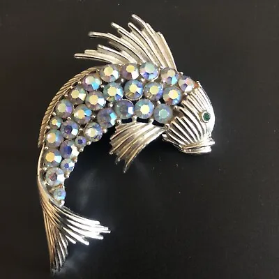 Vintage Coro Blue AB Rhinestone Pave Silver Tone Fish Brooch • $38.99