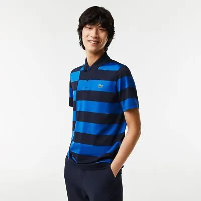 Men's T-Shirt Lacoste Tennis Colourblock Short Sleeve Striped Polo Shirt In Blue • £42.24