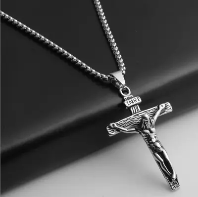 24  Stainless Steel Pendant Necklace Crucifix Cross Jesus Silver Chain Men Gift • $12.97