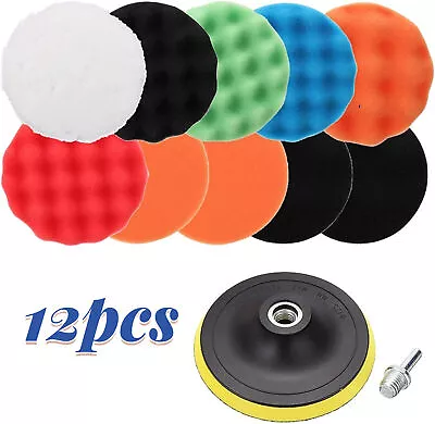 12PC 5 Inch 125 Mm Car Buffing Pads Kit Sponge Polishing Polisher Drill Adapter • £10.88