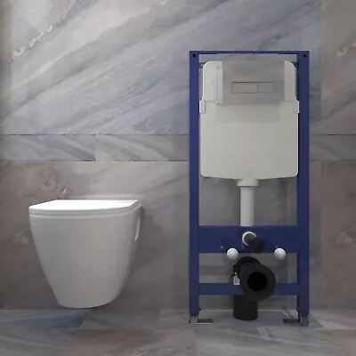 Bathroom Round Wall Hung Toilet Modern WC White Pan With Concealed Cistern  Set • £109.47