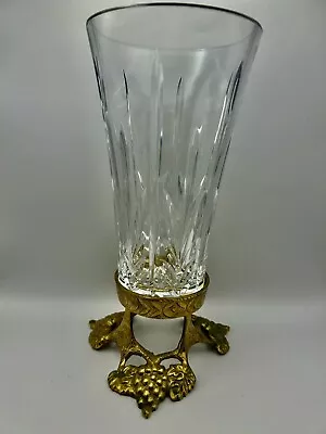 Vintage Ornate Crystal Vase Intricate Brass Stand Leaves & Grapes 10” • $84.99