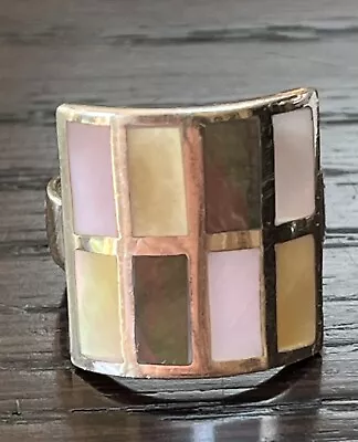Vintage STERLING SILVER 925 Pastel Abalone MOP Geometric 8 Panel Ring SIZE 7.5 • $16.99