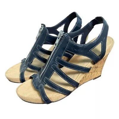 Aerosoles Button Plush Navy Strappy Wedge Sandals W/ Zipper Closure Women's 8.5 • $34.99