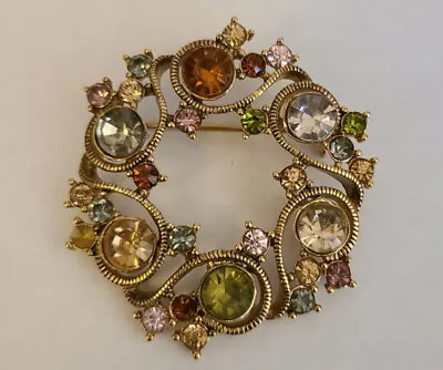 Vintage Signed Monet Multi Colored Rhinestone Gold Tone Wreath Circle Pin Brooch • $12
