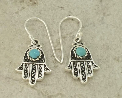 $10 • Buy EXOTIC .925 STERLING SILVER TURQUOISE HAMSA EARRINGS Style# E0712