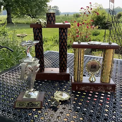 Lot Of Vintage Trophy:Winged Victory FigureGenuine Hardwood 2 ColumnPartsEtc. • $38.99