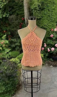 Orange Crochet Halter Top Crop Y2K Boho Hippie Fairy Coachella Summer Beach S • $22.49