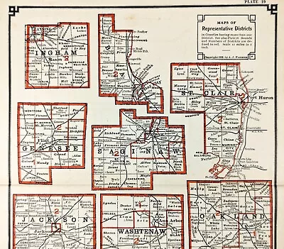 MICHIGAN COUNTY Map 1909 ORIGINAL Townships Railroads Political Districts Ingham • $45.12