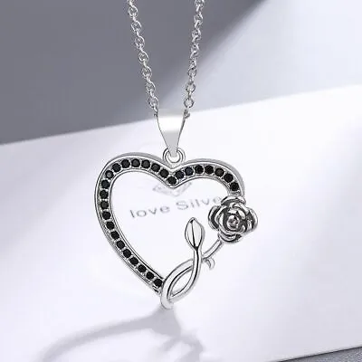 £4.99 • Buy Crystal Heart Rose Choker Necklace Pendant 925 Sterling Silver Womens Jewellery