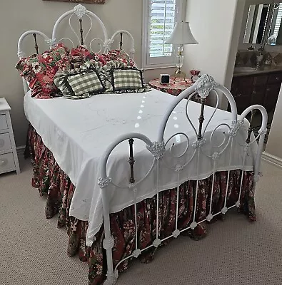 Antique White Heavy Cast Iron Ornate Full Bedframe With Brass Features • $950