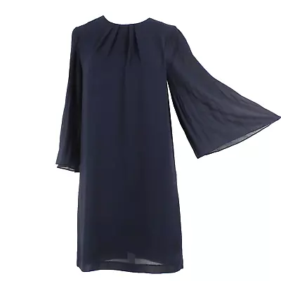 H&M NEW $35 Sz 2 Navy Blue Pleated Bell Sleeve 100% Elegant Polyester Dress • $19.99