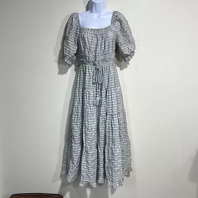 Moon River Dress Women’s Size Small Midi Blue Stripe Puff Sleeve Cottagecore • $24.99