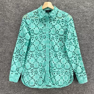 J.Crew Shirt Women 4 Green Crochet Eyelet Button Up Long Sleeve • $9.65