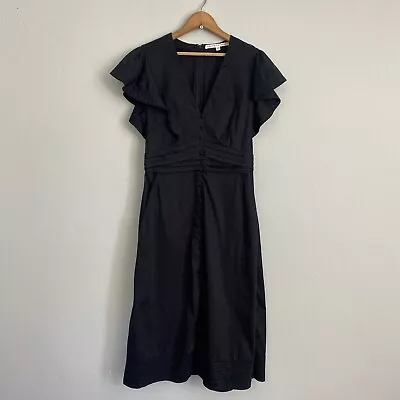 Veronica Beard Sada Shirt Dress Women Size 6 Black Midi Ruffle Sleeve • $49.95