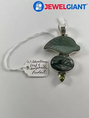 Sj Sterling Silver Pendant Aventurine Carved Seraphinite Peridot 21.8 G #ex659 • $9.99