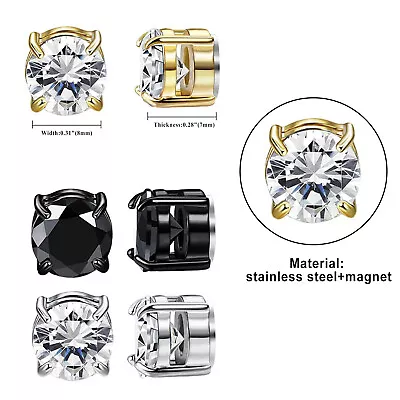 8MM Round CZ Magnetic Stainless Steel Fake Stud Earrings Men Women Non-piercing • $9.49