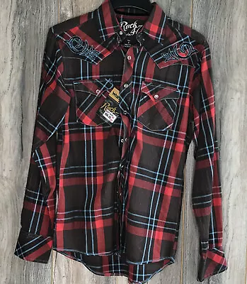 Wrangler Rock 47 Red Plaid Shirt With Pearl Snaps & Embroidery Small NEW • $29.99