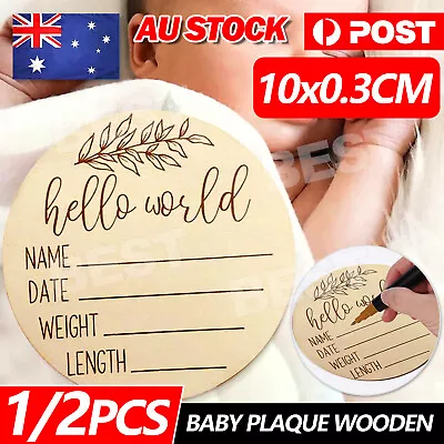 Hello World Birth Announcement Plaque Wooden Disc New Baby Details Welcome Sign • $6.85