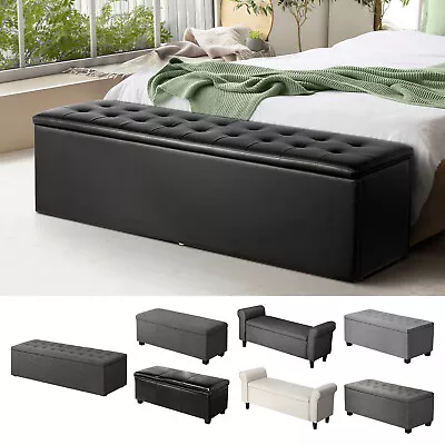 Oikiture Storage Ottoman Blanket Box Faux Linen/PU Leather Toy Foot Stool L/XL • $145.90